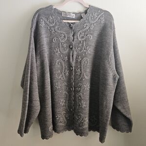 Vintage 90s Gray Floral Hand Knit Wool Cardigan By Karen Scott 3x Plus Size